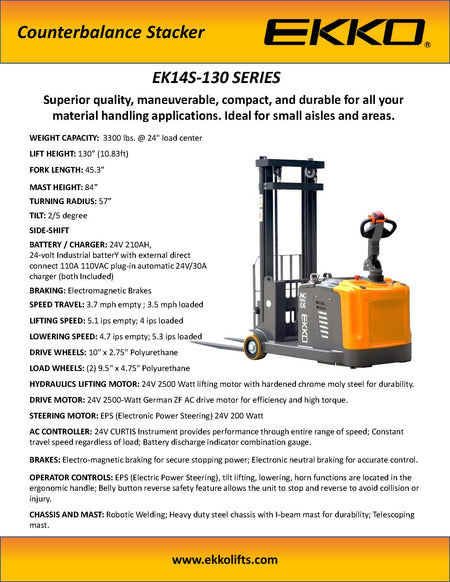 EKKO EK14S-130 Counterbalanced Walkie Stacker SIDE-SHIFTING - 3300 lbs Capacity - Ekko Lifts