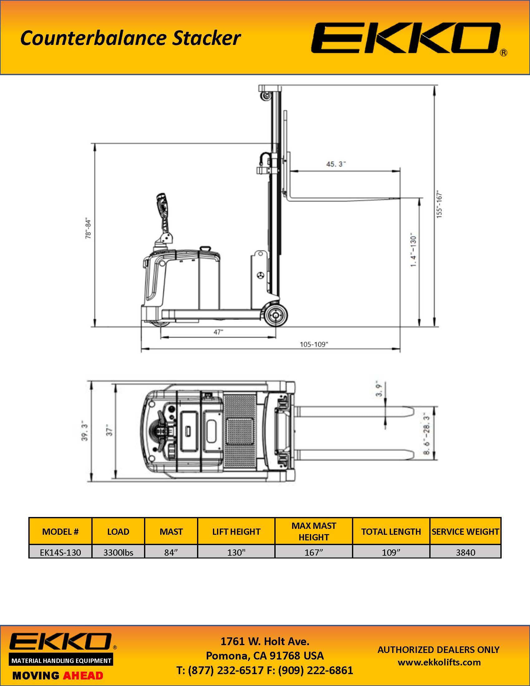 EKKO EK14S-130 Counterbalanced Walkie Stacker SIDE-SHIFTING - 3300 lbs Capacity - Ekko Lifts