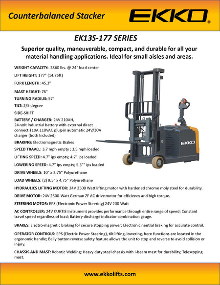EKKO EK13S-177 Counterbalanced Walkie Stacker SIDE-SHIFTING - 2860 lbs Capacity - Ekko Lifts