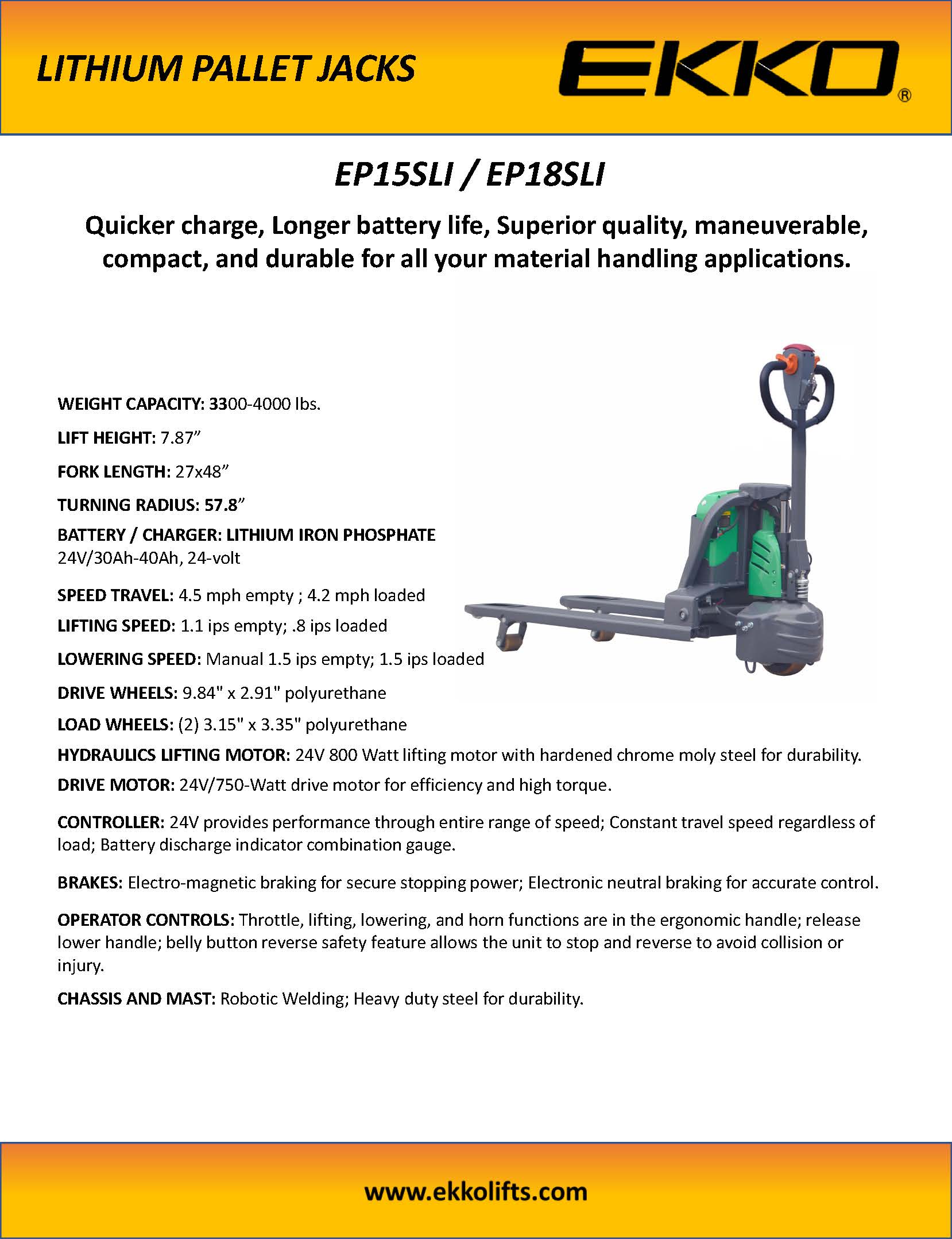 Lithium-Ion Pallet Jack 3300-4000 lbs Capacity - Ekko Lifts