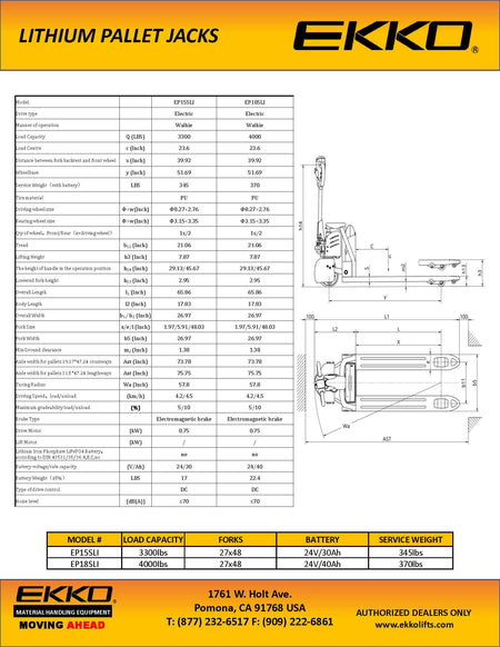 Lithium-Ion Pallet Jack 3300-4000 lbs Capacity - Ekko Lifts