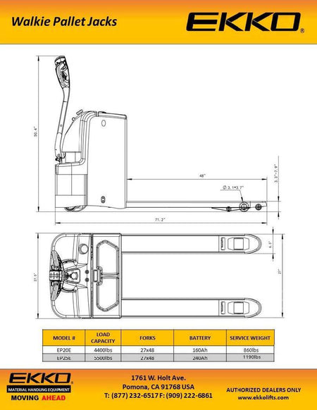 Electric Powered Pallet Jack - 4400-5500 lbs Capacity - Ekko Lifts