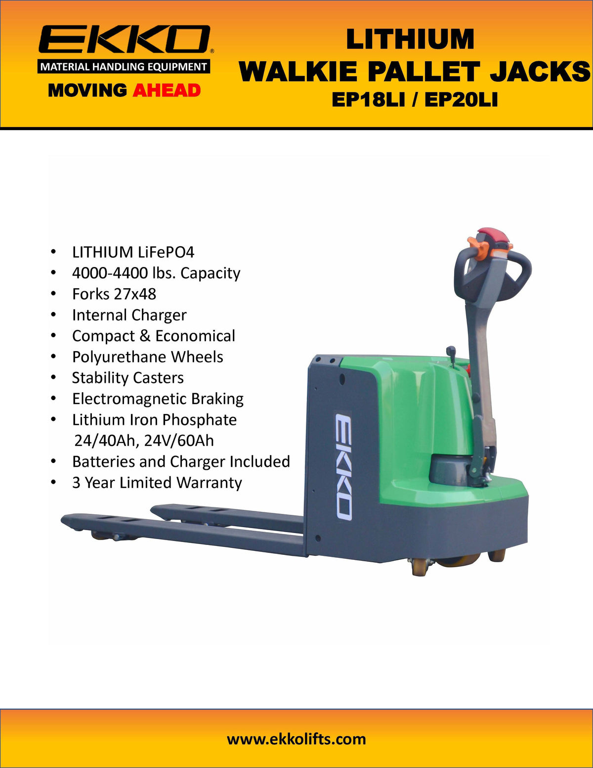 Lithium Ion Phosphate Powered Pallet Jack - 4400 lbs Capacity - Ekko Lifts