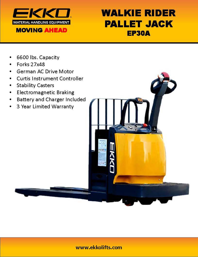 EKKO EP30A Rider Pallet Jack - 6600 lbs Capacity - Ekko Lifts