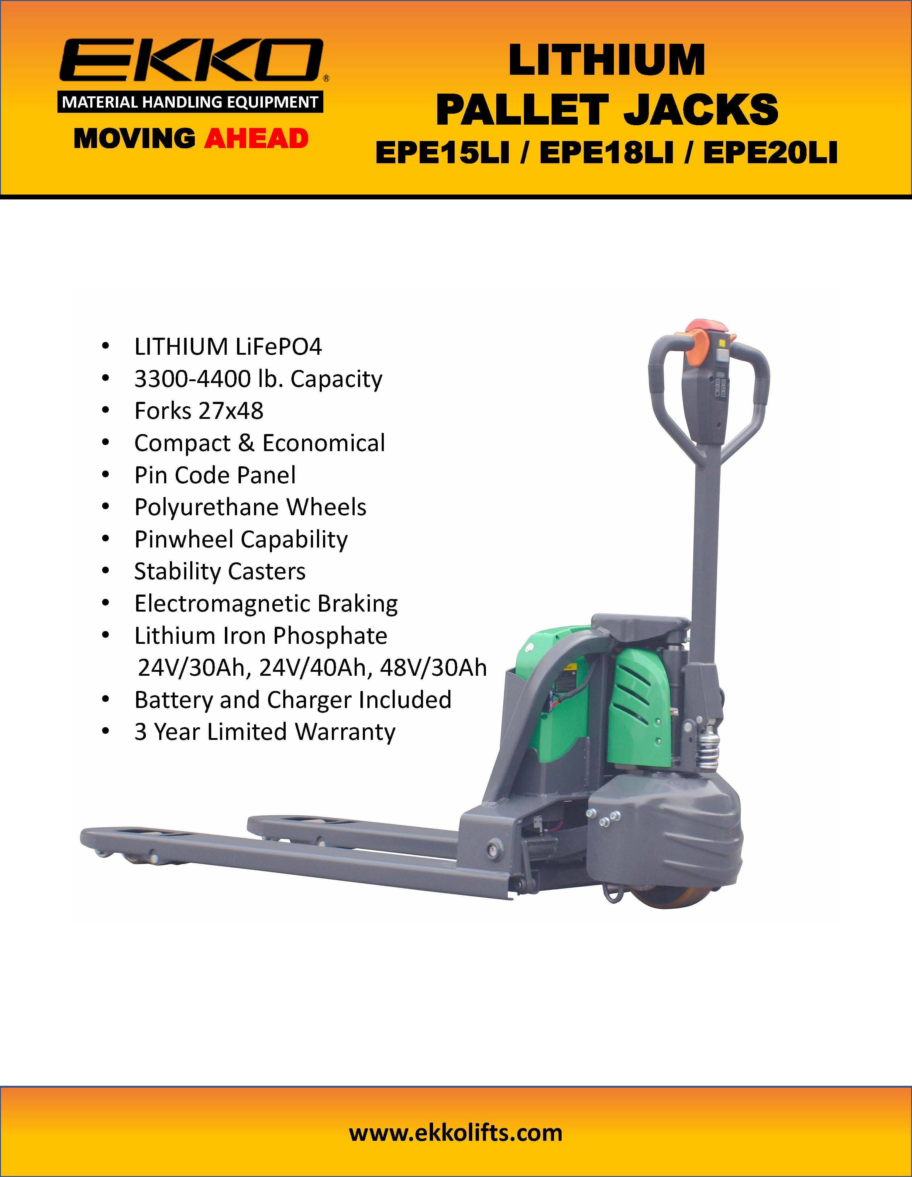 Lithium-Ion Pallet Jack 3300-4400 lbs Capacity - Ekko Lifts