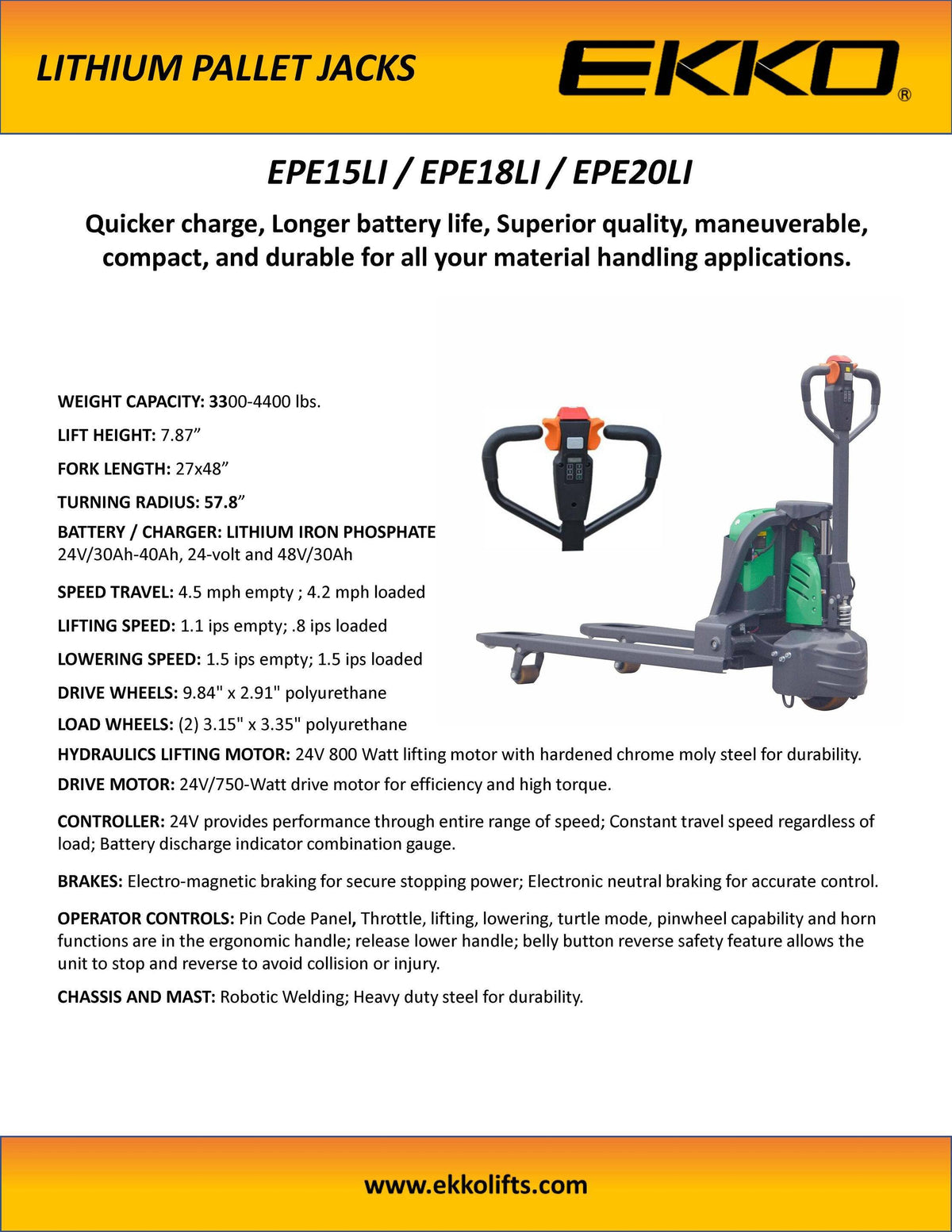 Lithium-Ion Pallet Jack 3300-4400 lbs Capacity - Ekko Lifts