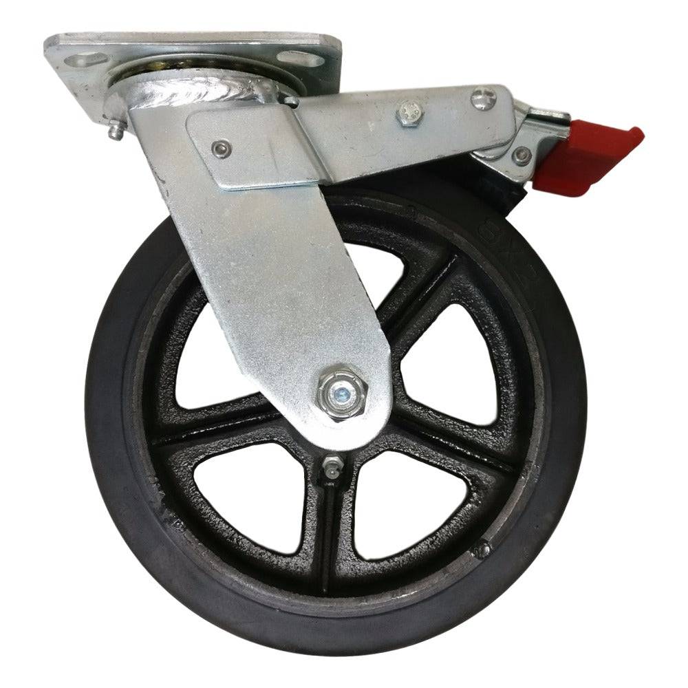 8" x 2" Mold-On Rubber on Cast Swivel Caster, Total Lock Brake, 600 lb. Cap - Durable Superior Casters