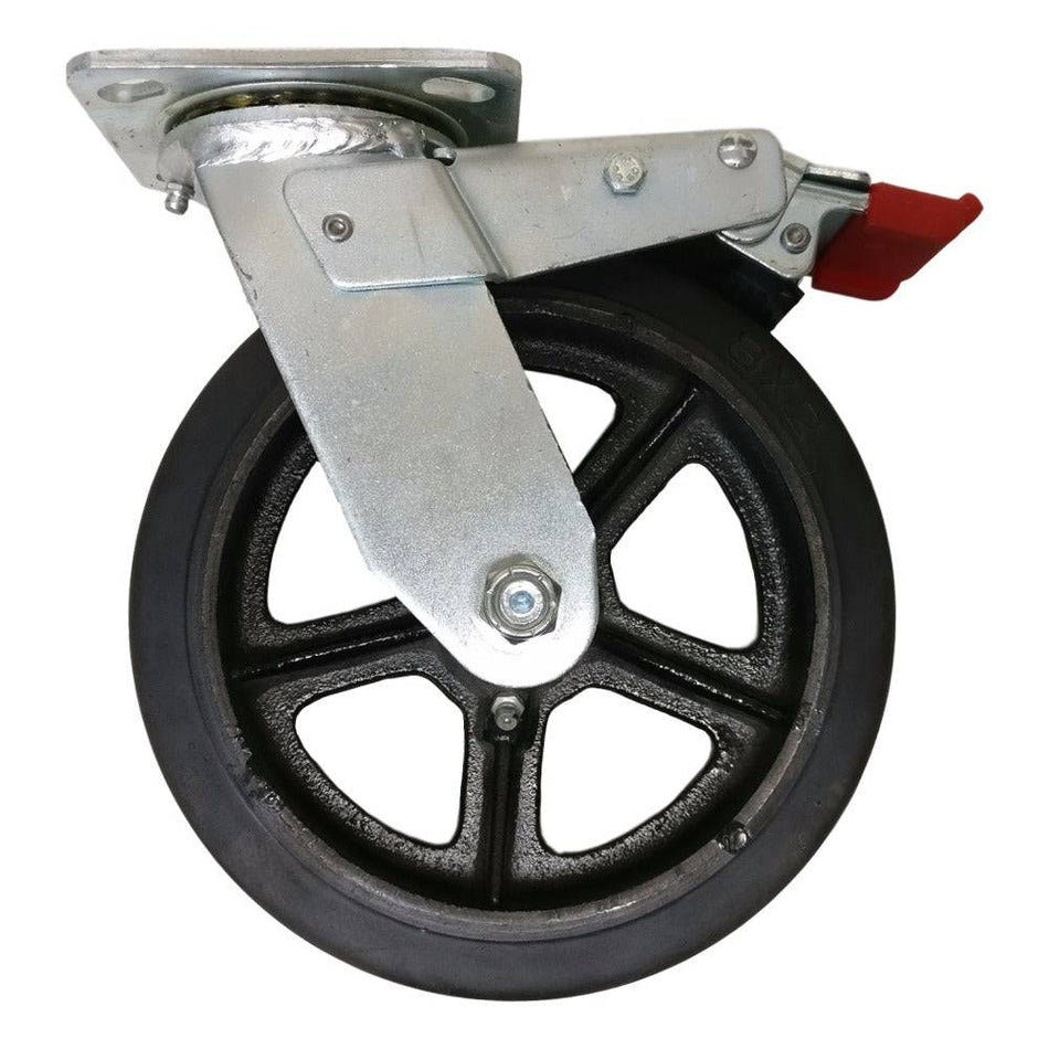 8" x 2" Mold-On Rubber on Cast Swivel Caster, Total Lock Brake, 600 lb. Cap - Durable Superior Casters
