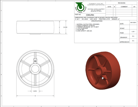 6" x 2" Energy Saver Ductile Steel Wheel (2" Wide) - 2000 Lbs. Capacity - Durable Superior Casters