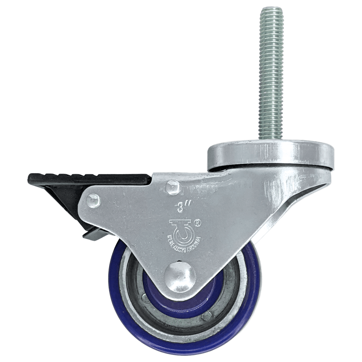 3" x 1-1/4" Polyon Aluminum Wheel Swivel Caster, 1/2" Stem, Total Lock Brake - 350 lbs. Capacity - Durable Superior Casters