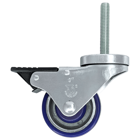 3" x 1-1/4" Polyon Aluminum Wheel Swivel Caster, 1/2" Stem, Total Lock Brake - 350 lbs. Capacity - Durable Superior Casters